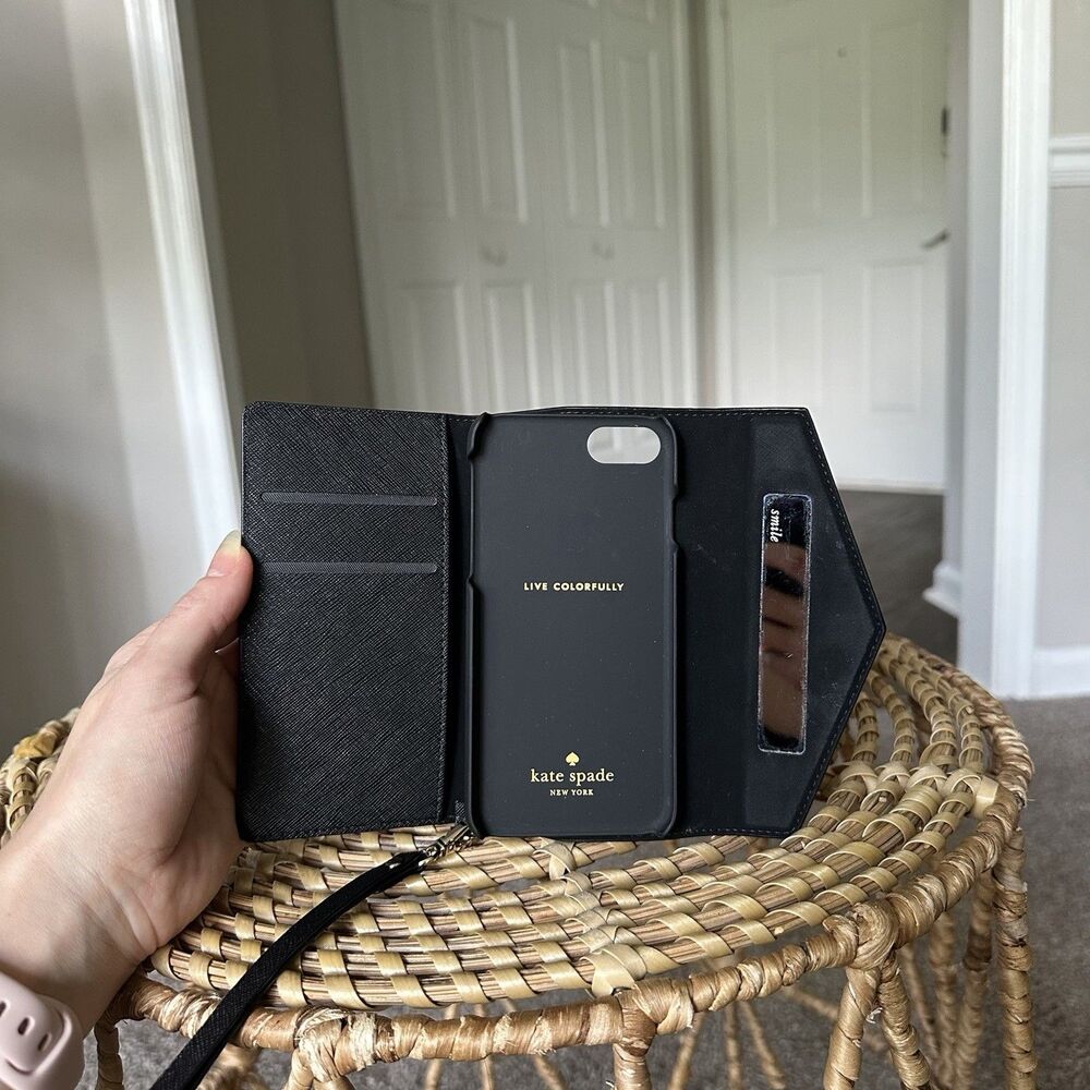 Kate Spade NY Hard Shell Phone Case Wallet Black Leather & Gold Wristlet